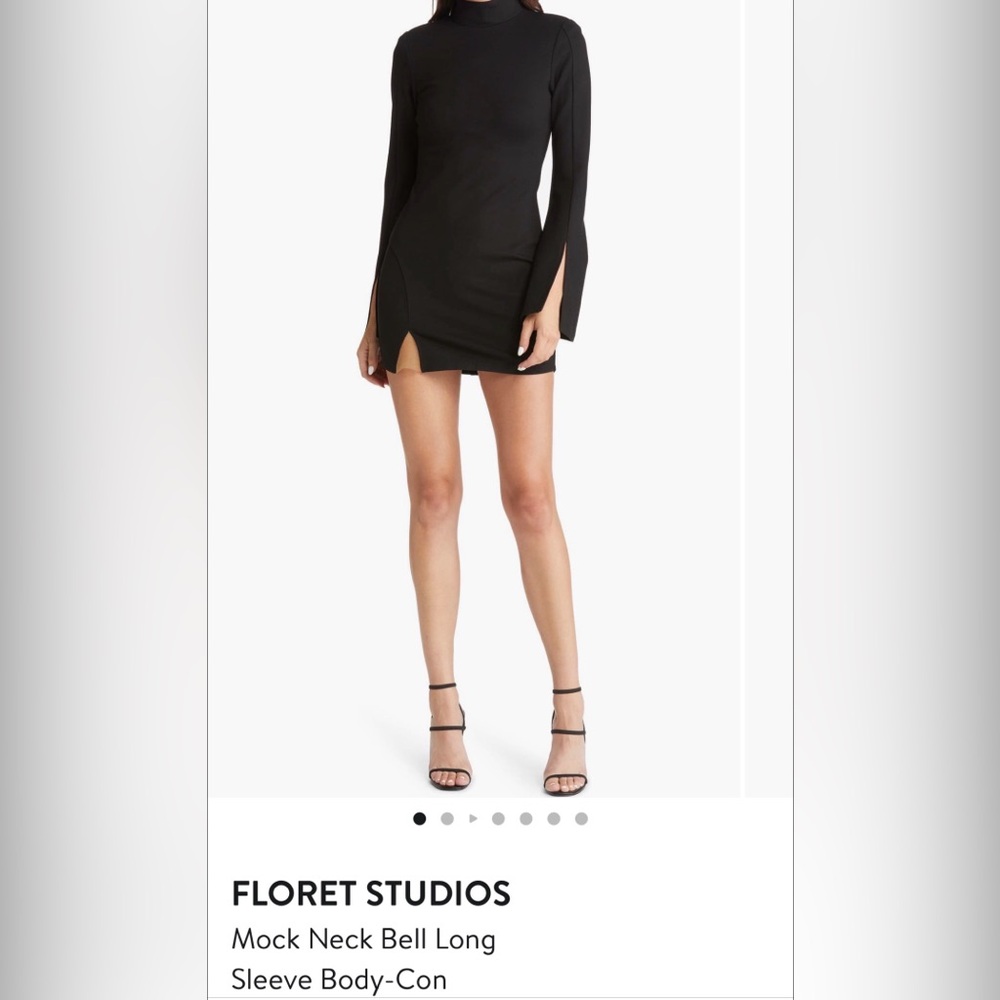 Floret Studios NWOT Body Con Mock Neck Mini Dress Long Bell Sleeves Black L